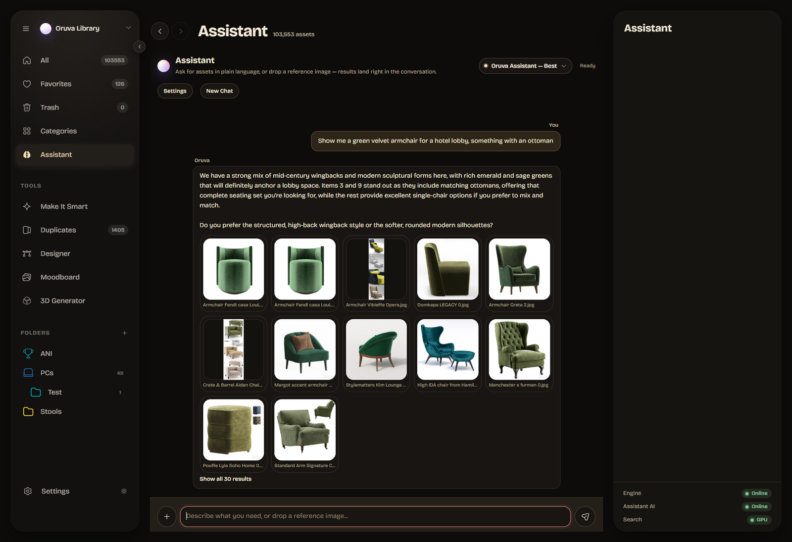 Oruva Assistant — a conversation with matching models from the library
