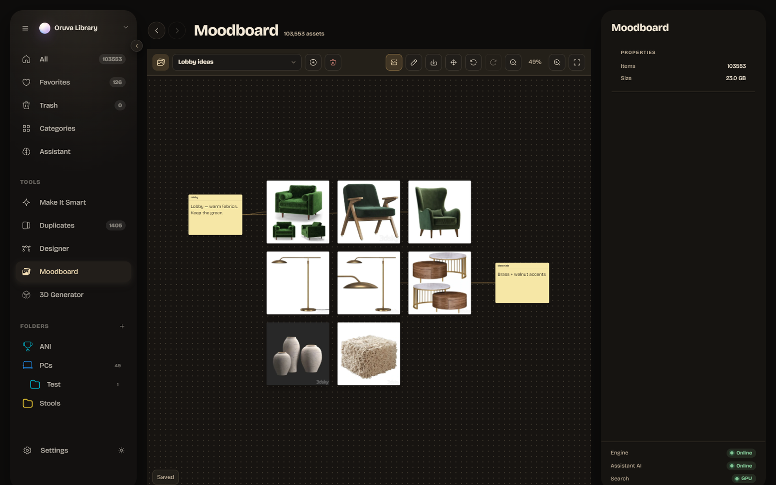 Oruva Moodboard — references and notes arranged on a canvas