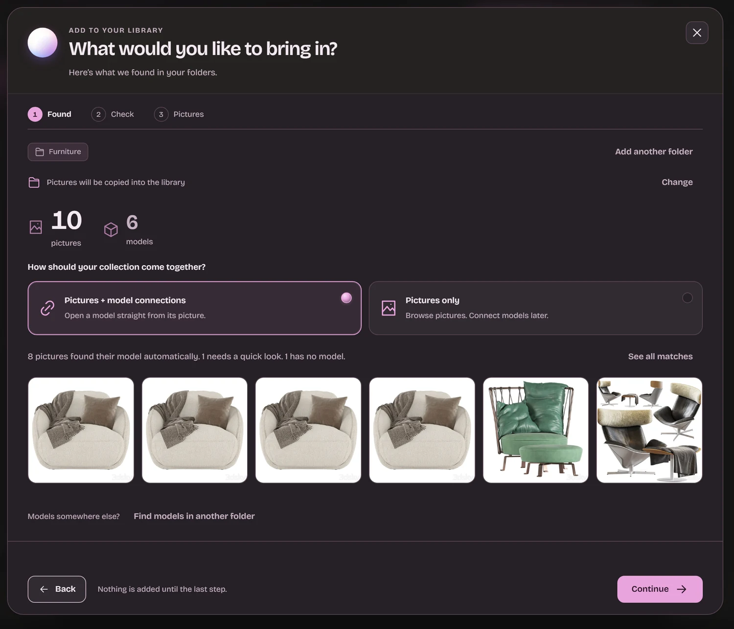 The Found step of Add to your library: 10 pictures, 6 models, and a row of thumbnails already connected