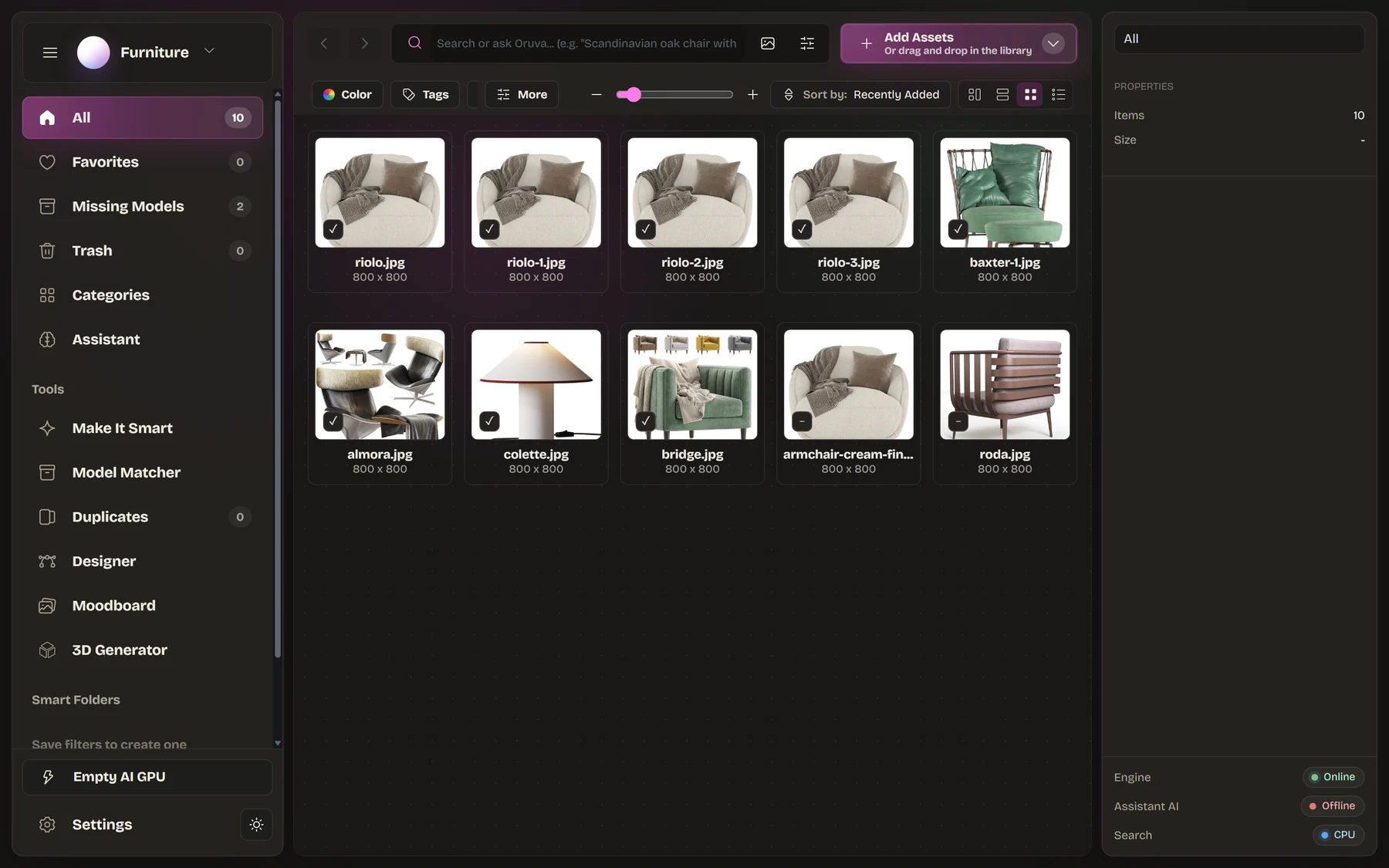 Oruva library in the dark theme after adding a folder: thumbnails with their model badge, and Missing Models and Model Matcher in the sidebar