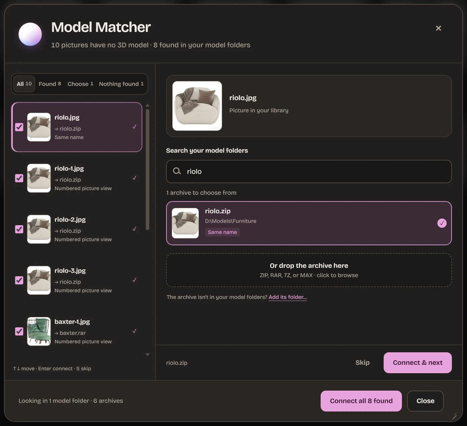Model Matcher with riolo.jpg, riolo-1.jpg and riolo-2.jpg connected to riolo.zip