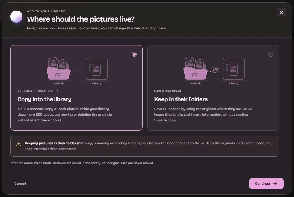 Oruva's Add to your library window asking where the pictures should live: copy into the library, or keep in their folders