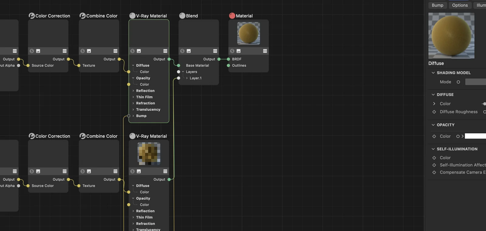 Real imported V-Ray graph with linked colour-correction, combine-colour, V-Ray material and blend nodes